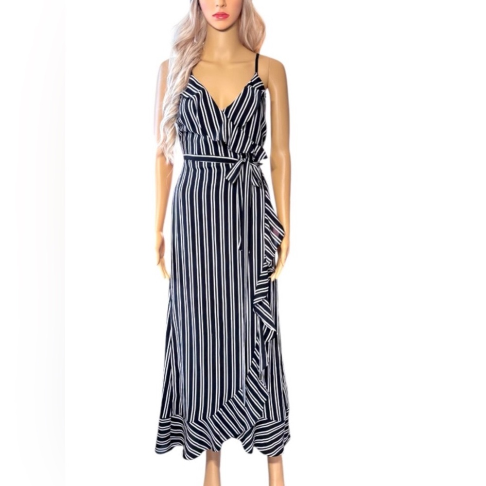 Aqua | Black & White Striped Wrap Maxi Dress